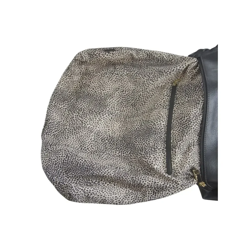 Black Woven Faux Leather Backpack Tote Animal Print Lining Laptop School Bag
